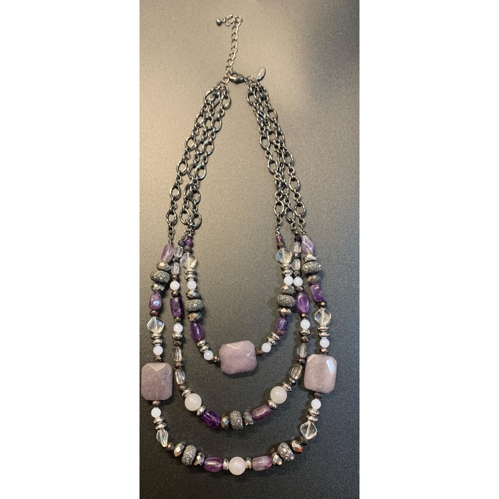 CHICOS Chunky‎ AMETHYST & QUATZ STONES 3 ROW PURPLE Gun Metal BEAD NECKLACE
